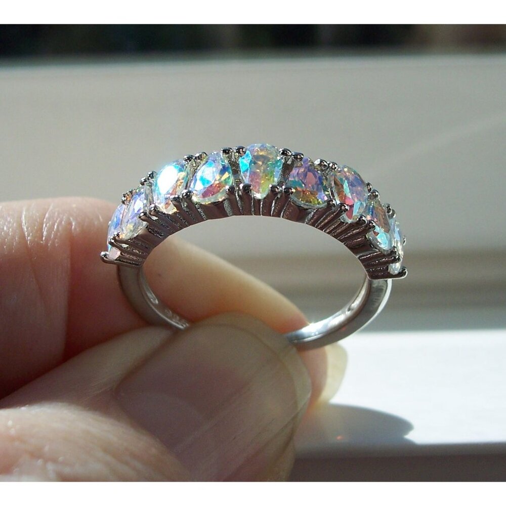 925 STERLING SILVER Aurora Borealis Cubic Zirconia Band Ring - Picture 13 of 16